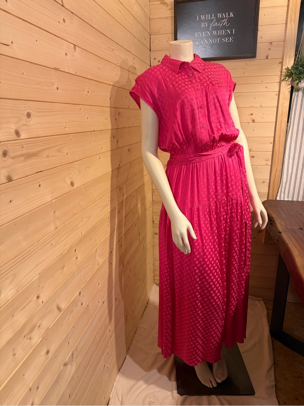 Bright Pink Collared Maxi Dress with Self-Tie Waist